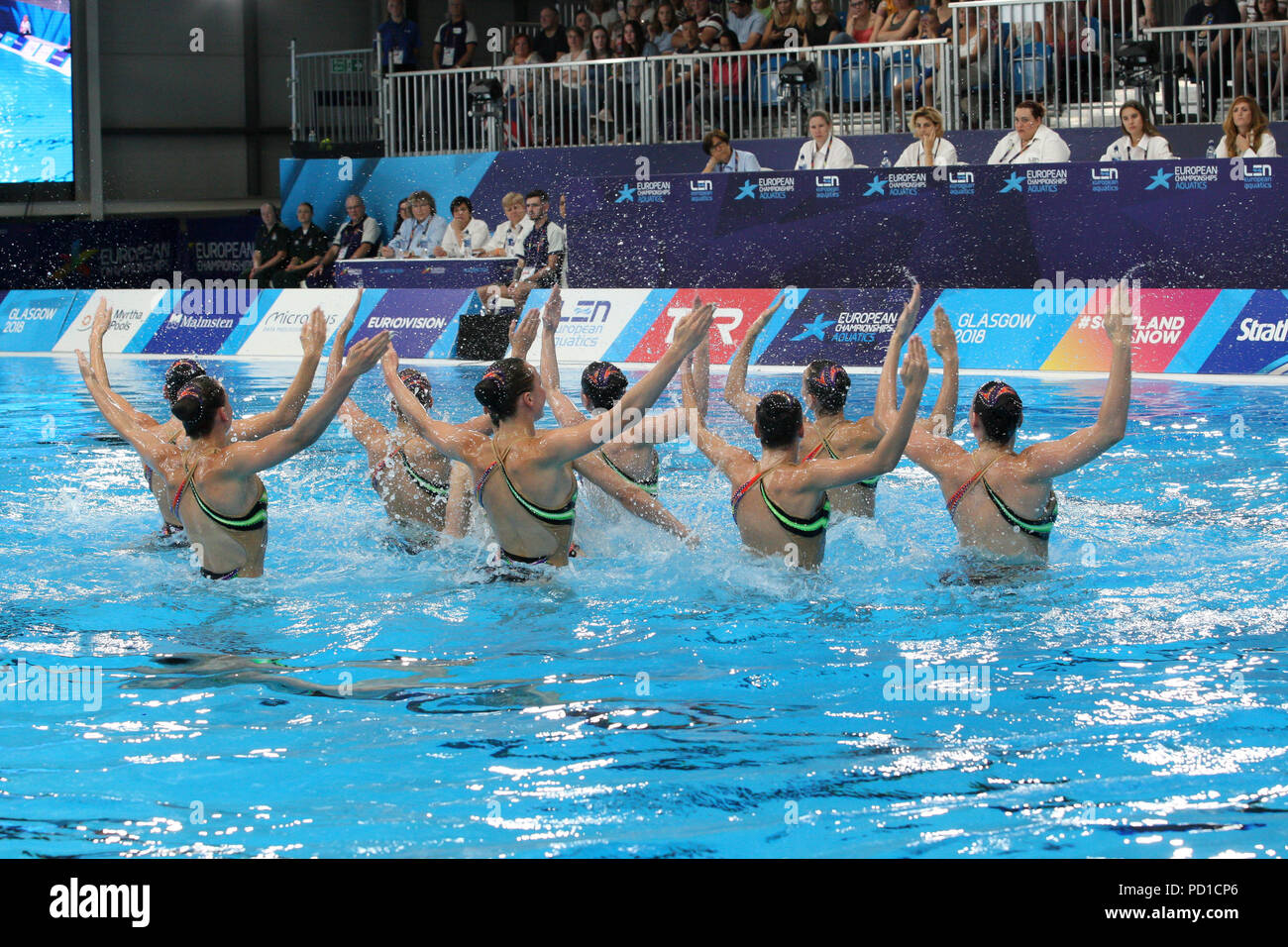Glasgow, UK. 5. August 2018. Europäische Meisterschaften Synchronschwimmen Scotstoun. Ukraine gewinnen die Kombination freier Routine Gold. Italien nahmen Silber, während Spanien Bronze gewann. Credit Alan Oliver/Alamy leben Nachrichten Stockfoto