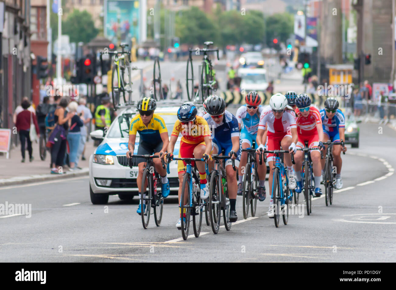 Glasgow, Schottland, Großbritannien. 5. August 2018. Women's Rennradfahren im Glasgow Europameisterschaften 2018. Die 130 km Rennen abgedeckt 9 Runden um die Stadt mit Start und Ziel auf Glasgow Green. Es wurde von der italienischen Marta Bastianelli mit einer Zeit von 3:28:15 gewonnen. Credit: Skully/Alamy leben Nachrichten Stockfoto