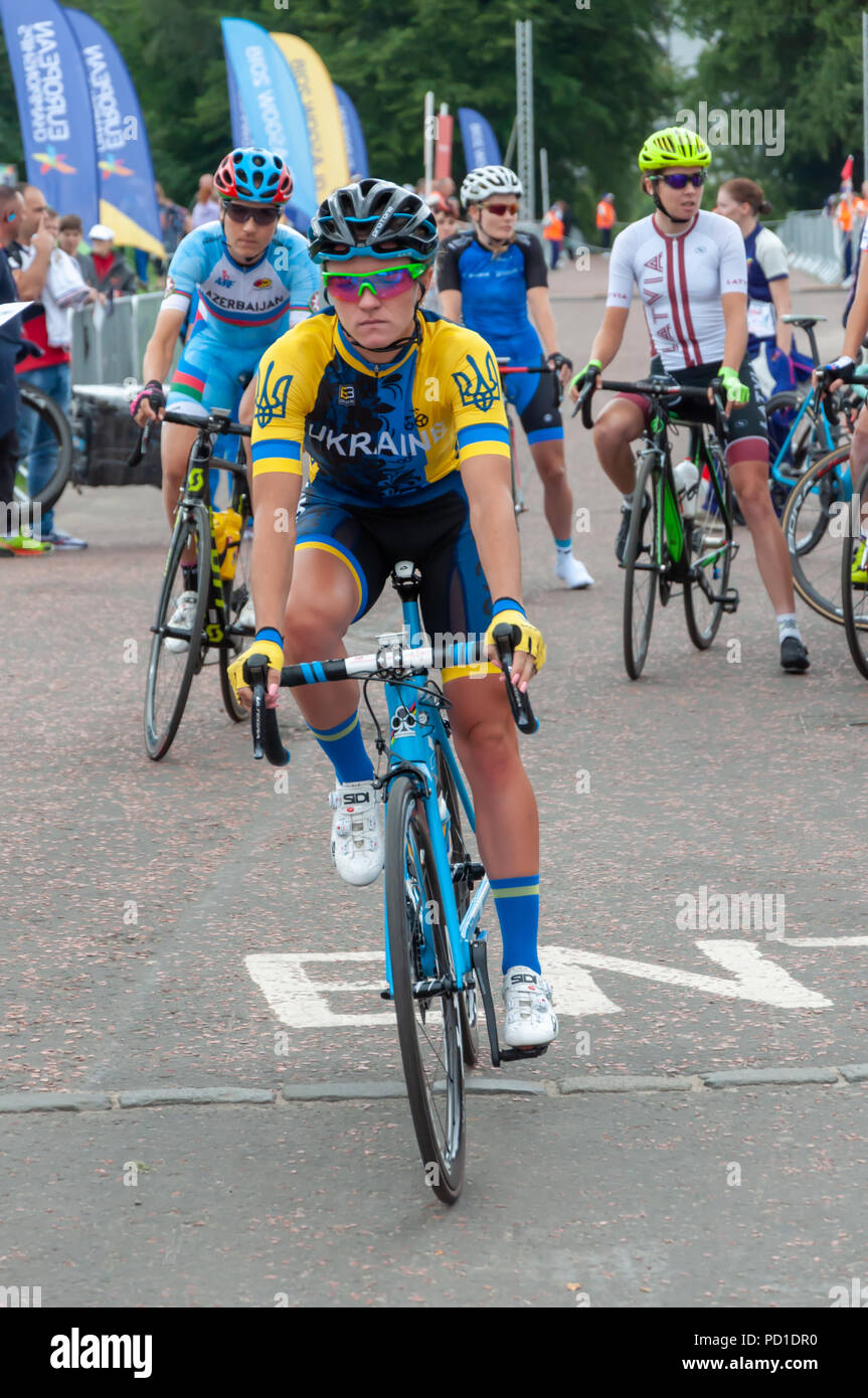 Glasgow, Schottland, Großbritannien. 5. August 2018. Women's Rennradfahren im Glasgow Europameisterschaften 2018. Die 130 km Rennen abgedeckt 9 Runden um die Stadt mit Start und Ziel auf Glasgow Green. Es wurde von der italienischen Marta Bastianelli mit einer Zeit von 3:28:15 gewonnen. Credit: Skully/Alamy leben Nachrichten Stockfoto