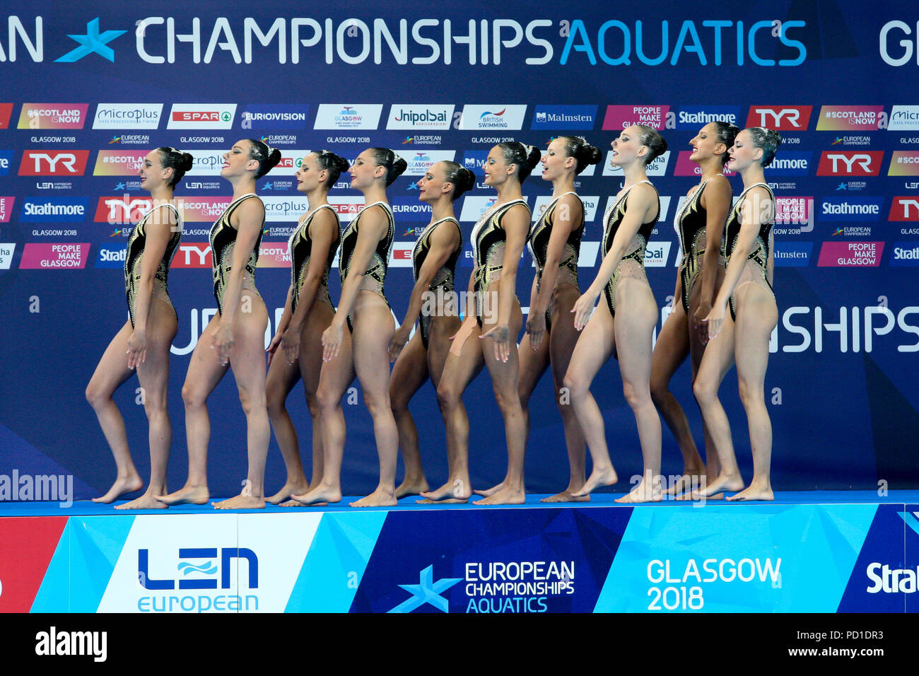 Glasgow, UK. 5. August 2018. Europäische Meisterschaften Synchronschwimmen Scotstoun. Kombination sich Routine von der Ukraine gewonnen. Bilder sind von Israeli, 8. beendete. Kredit Alan Oliver/Alamy leben Nachrichten Stockfoto