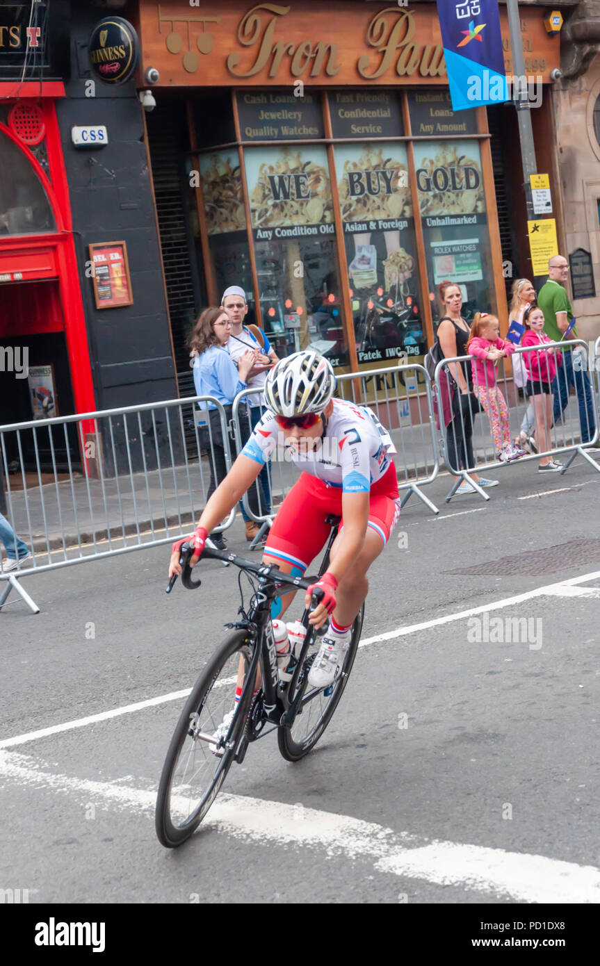 Glasgow, Schottland, Großbritannien. 5. August 2018. Women's Rennradfahren im Glasgow Europameisterschaften 2018. Die 130 km Rennen abgedeckt 9 Runden um die Stadt mit Start und Ziel auf Glasgow Green. Es wurde von der italienischen Marta Bastianelli mit einer Zeit von 3:28:15 gewonnen. Credit: Skully/Alamy leben Nachrichten Stockfoto
