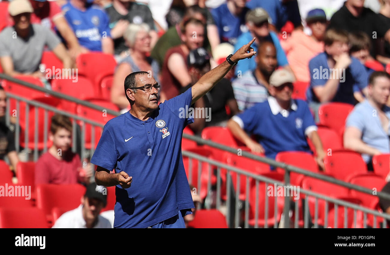 Maurizio Sarri, Manager des FC Chelsea im FA Community Shield Match zwischen Chelsea und Manchester City im Wembley Stadium am 5. August 2018 in London, England. (Foto von John rainford/phcimages.com) Stockfoto