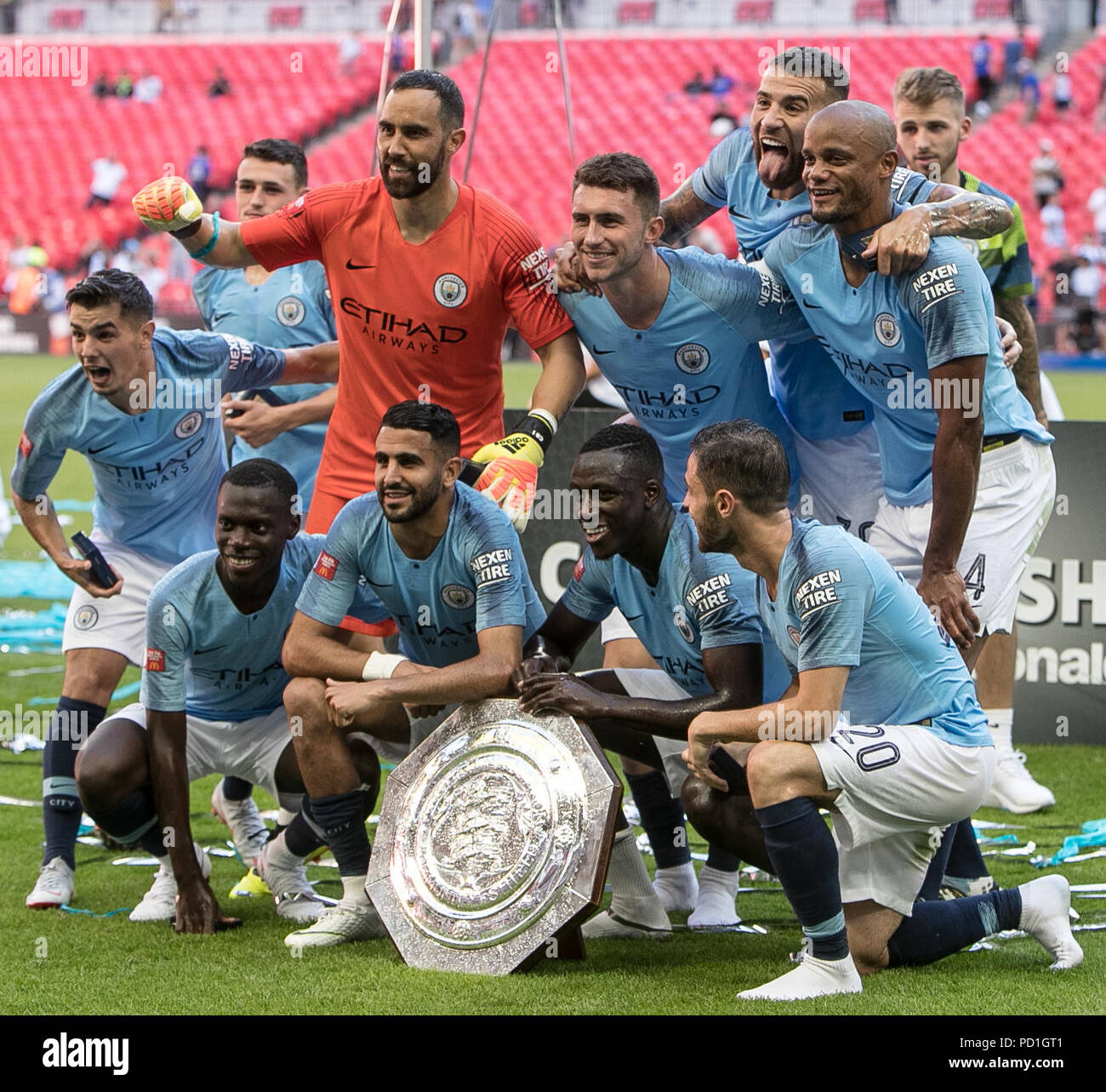 Manchester City Triumph im FA Community Shield Match gegen Chelsea durch zwei Ziele im Wembley Stadium am 5. August 2018 in London, England. (Foto von John rainford/phcimages.com) Stockfoto