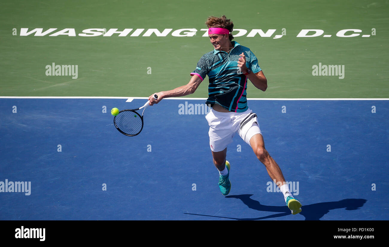 August 5, 2018: Alexander Zverev spielt eine Vorhand Schuß im Finale der Citi Open Tennis Spiel in Rock Creek Park in Washington DC. Justin Cooper/CSM Stockfoto