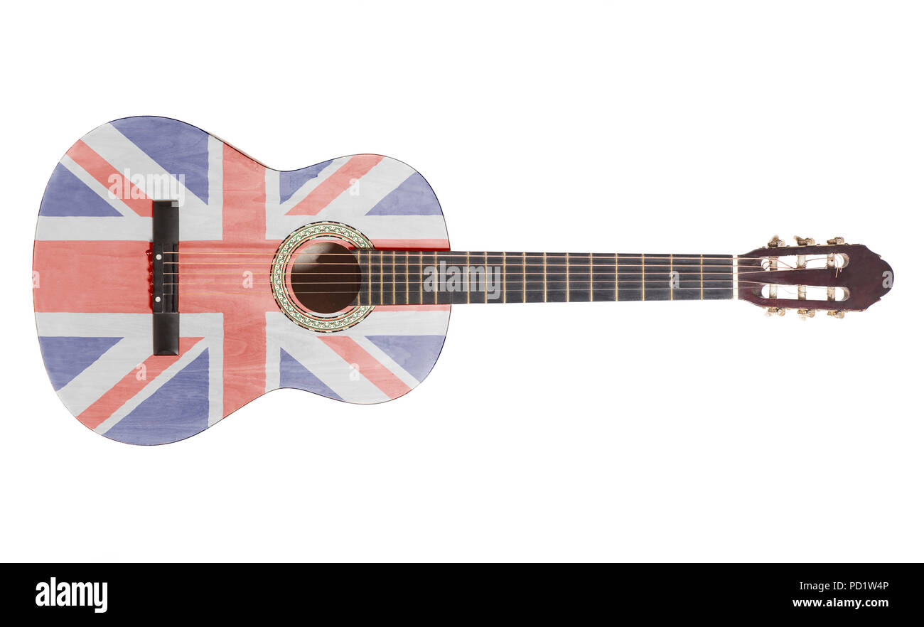 Akustik Gitarre mit Britische Flagge auf weißem Hintergrund Stockfoto