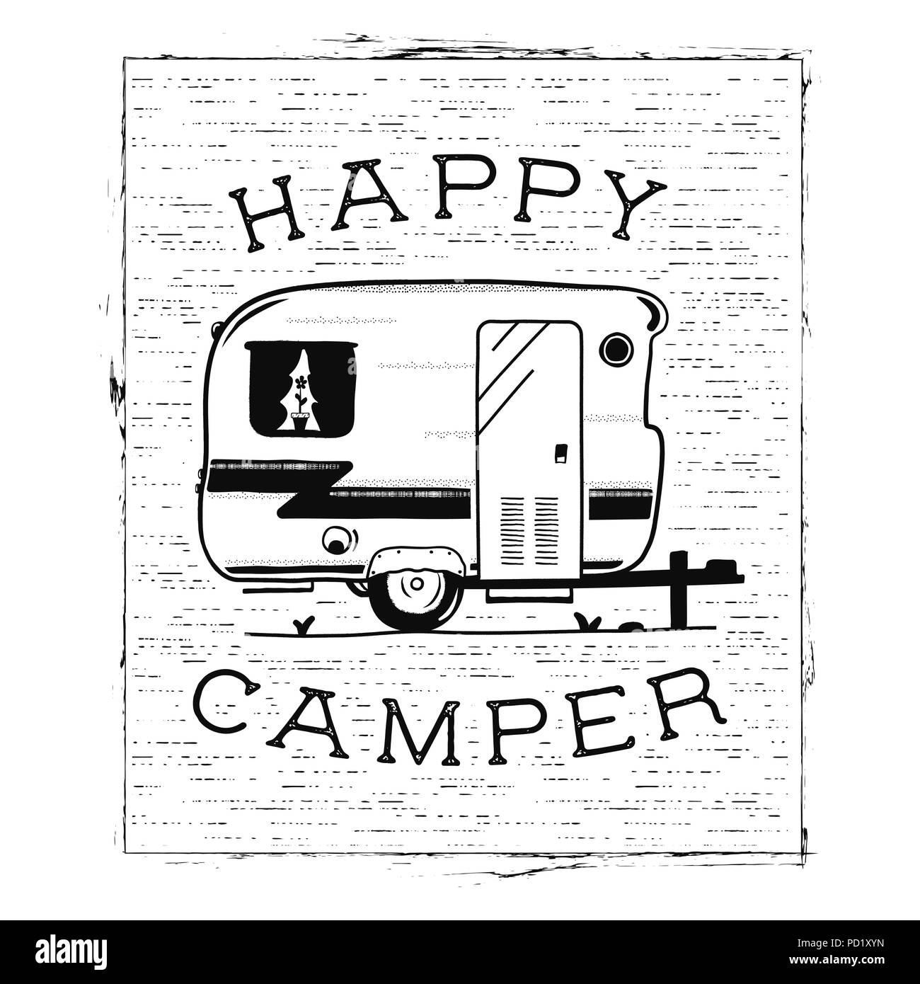 Mobile Freizeit. Happy Camper Trailer in Skizze silhouette Stil. Jahrgang Hand gezeichnet Camp rv. Haus auf Rädern. Reisen Transport Emblem. Vektor auf weißem Hintergrund Stock Vektor