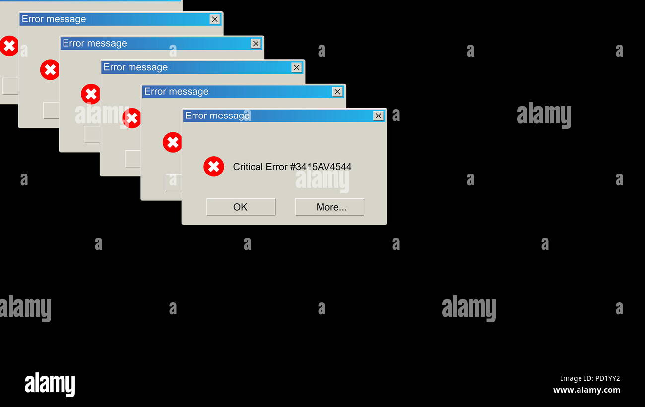 Viele Fenster mit kritischer Fehler meldung, problem Warnung Hintergrund, Computer abstrakt Hintergrund, 3D-Rendering generiert Stockfoto