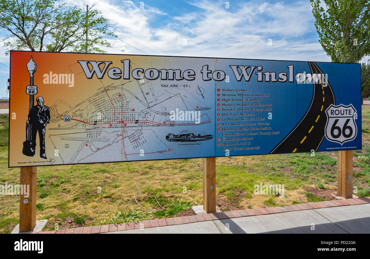 Arizona, Route 66, Willkommen bei Winslow Zeichen Stockfoto
