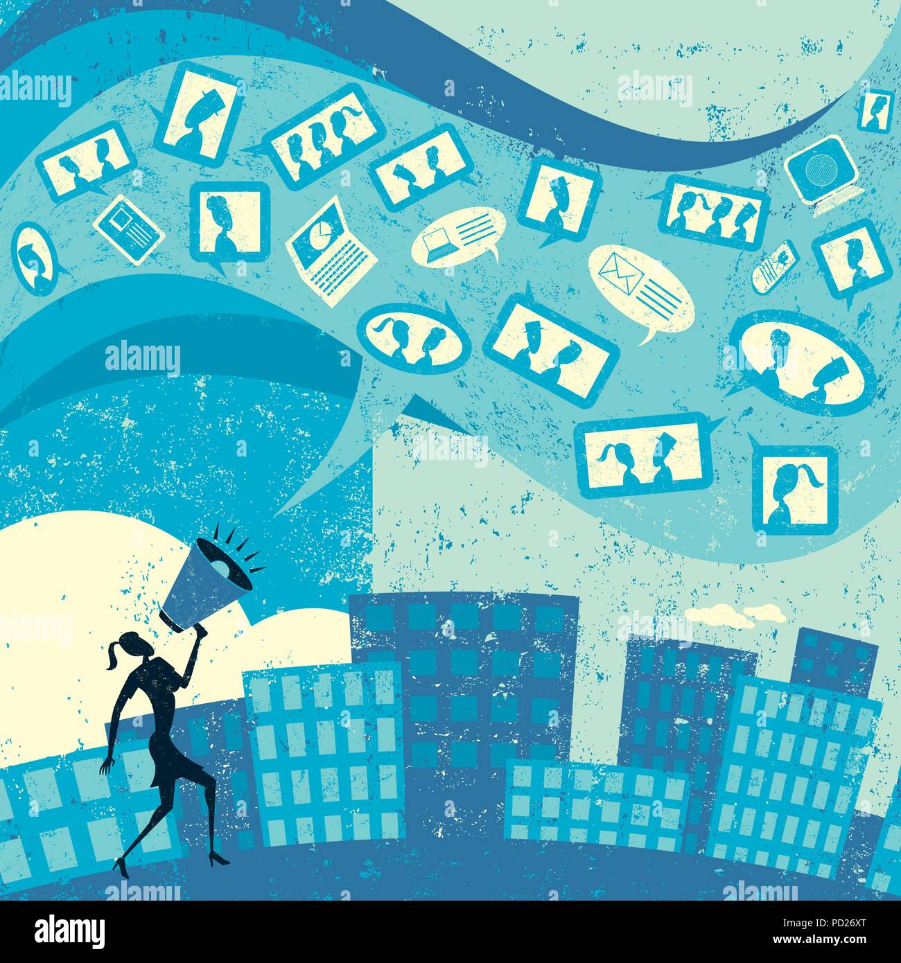 Kommunikation mit Social Media eine Geschäftsfrau schreien in ein Megaphon und vermitteln Ihre Botschaft mit Social Media. Stock Vektor