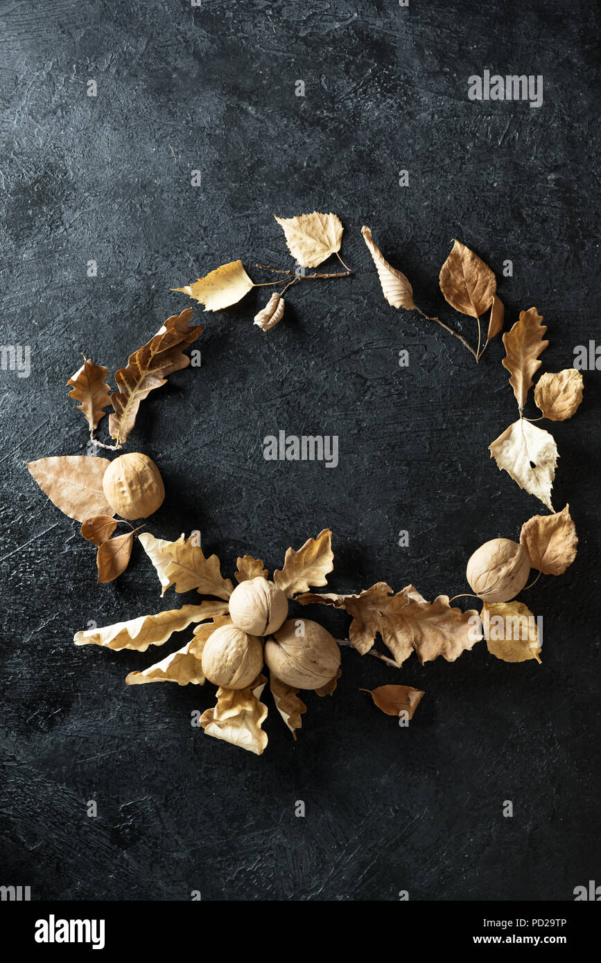 Herbst Komposition. Herbst Kranz mit trockenen Blättern und Muttern auf schwarzem Hintergrund. Flach, Ansicht von oben, kopieren. Stockfoto