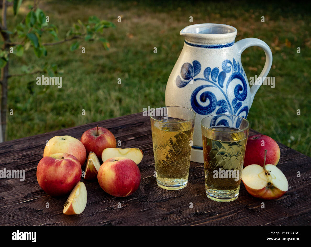 Traditionelle apple Wein in der Stadt Frankfurt am Main in Hessen. Einen Krug Wein ist auf einer alten hölzernen Tisch in den Garten, um ihn herum sind Äpfel Stockfoto