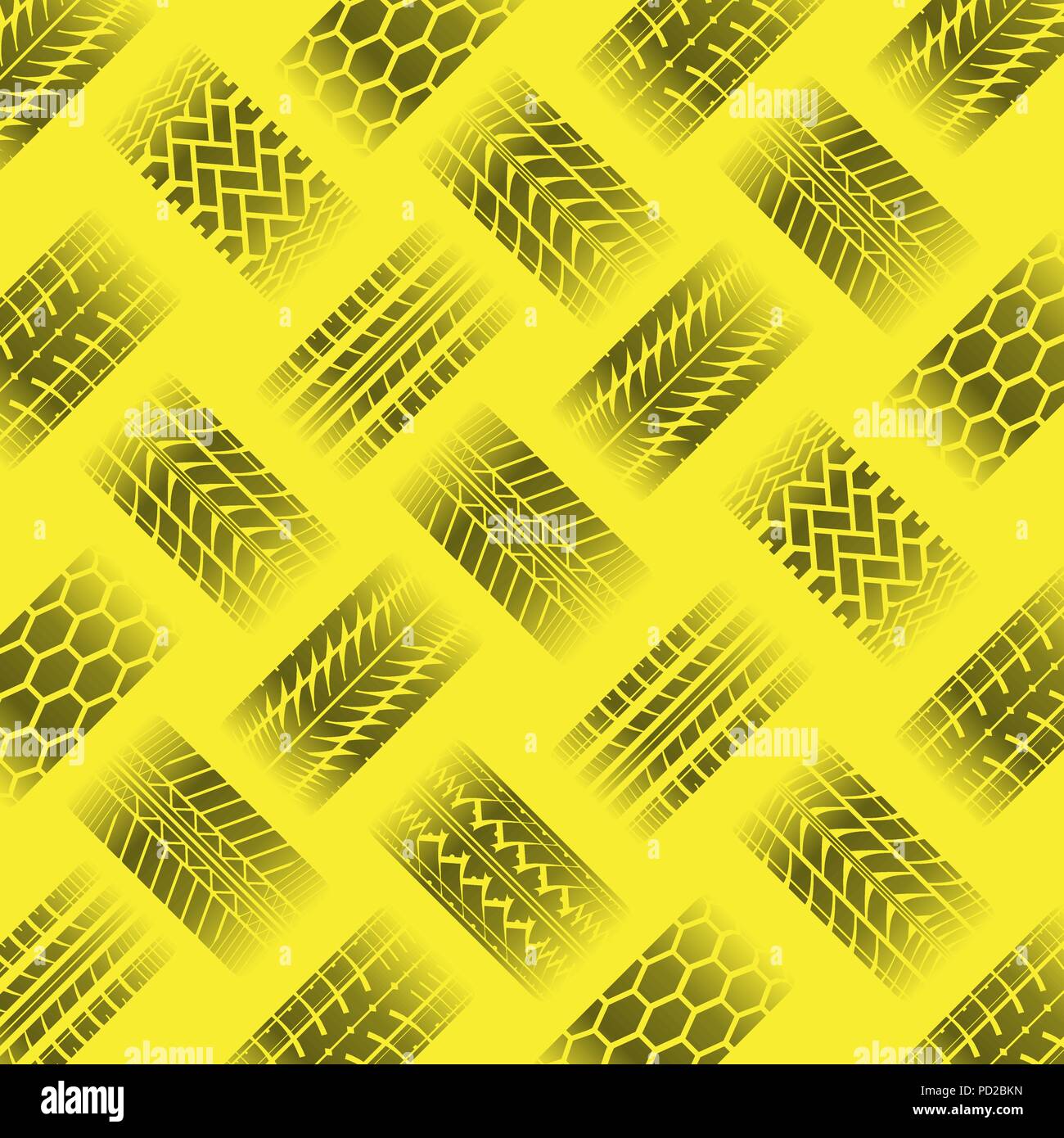 Gelber Hintergrund mit verschiedenen schwarzen Auto reifen Silhouetten Stock Vektor