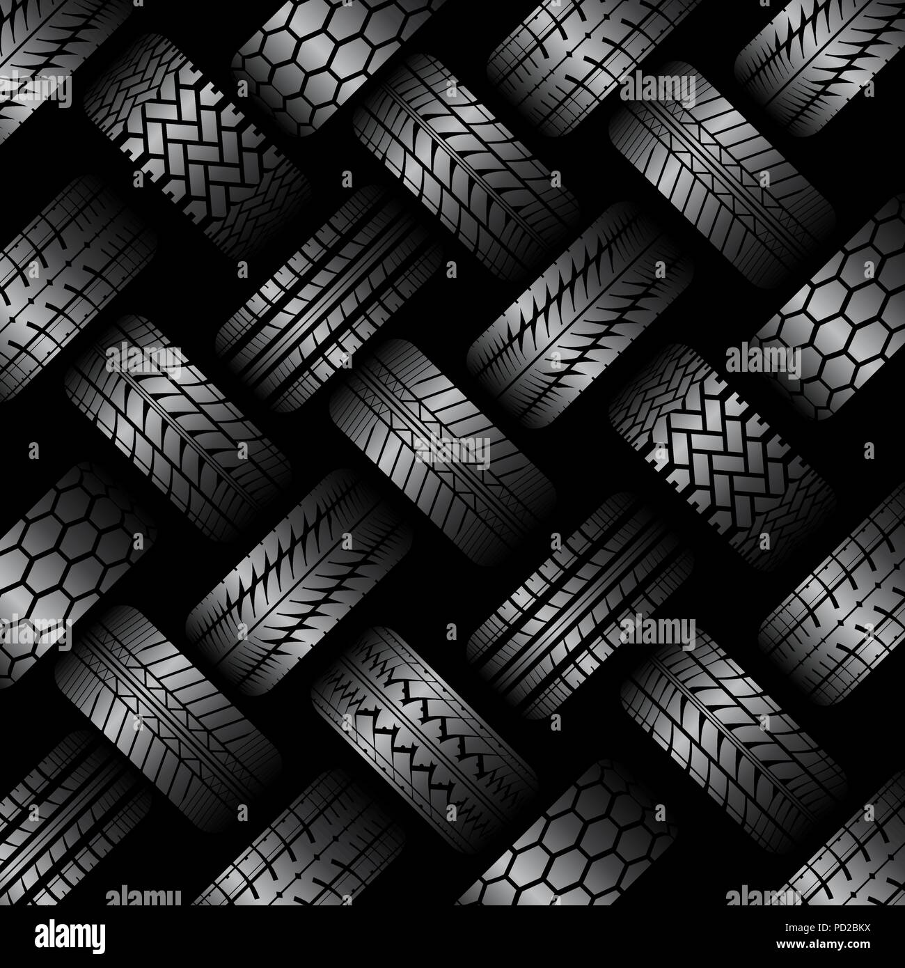 Schwarzer Hintergrund mit unterschiedlichen weißen Autoreifen Silhouetten Stock Vektor