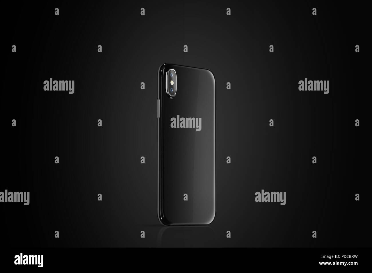 Leere Black Phone Case mock up, linke Seite, 3D-Rendering. Smartphone Abdeckung mockup auf der schwarzen Oberfläche. Handy protector Gehäuse Vorlage Stockfoto