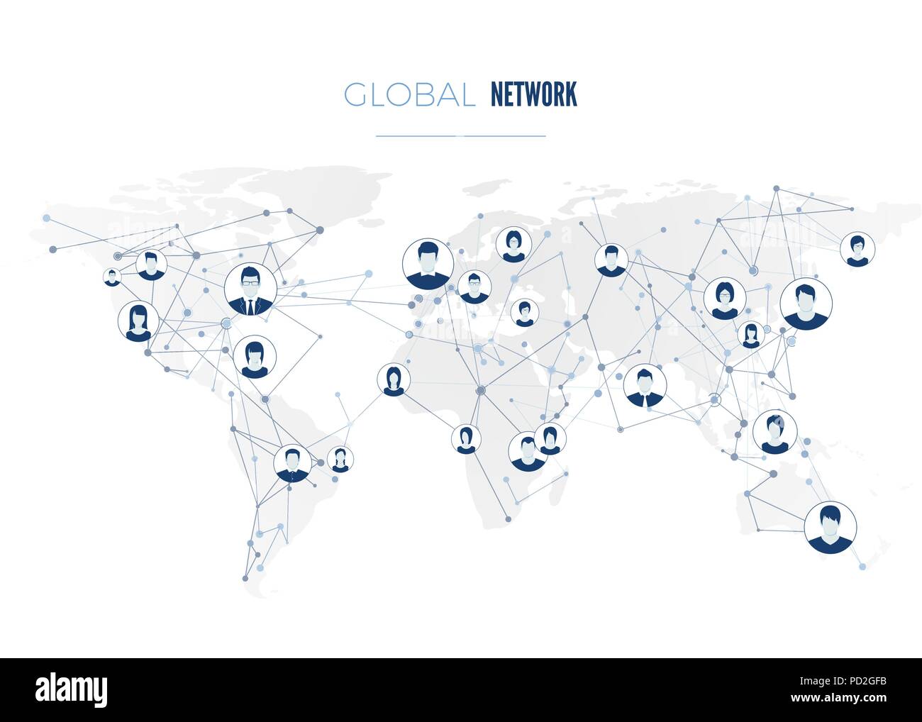 Global Social Network Connection. Benutzer Avatare zum weltweiten Netzwerk verbunden. Internet Konzept auf der Weltkarte Hintergrund. Vector Illustration Stock Vektor