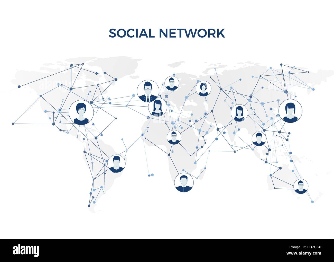 Social Media. Grafik globales Netzwerk Verbindung. Soziales Netzwerk Struktur auf der Weltkarte. Vector Illustration Stock Vektor