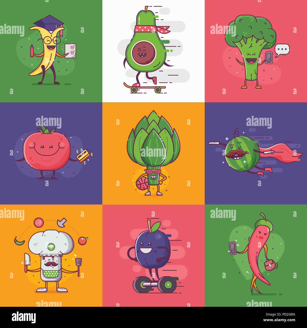 Schrullige Obst und Gemüse Zeichen für vegane soziale Netzwerke und gesunden Lebensstil Werbung. Lustige flachbild Gemüse und Früchte auf Stadt täglich Acti Stock Vektor
