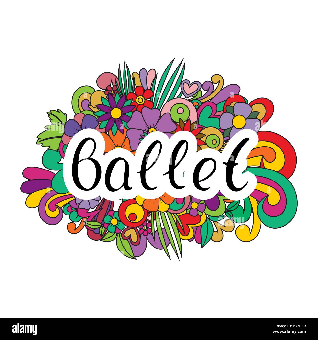 Paar Tanz Ballett. Vector Illustration. Farbenfrohe abstrakte Blumen. Handschriftliche Wort. Stock Vektor