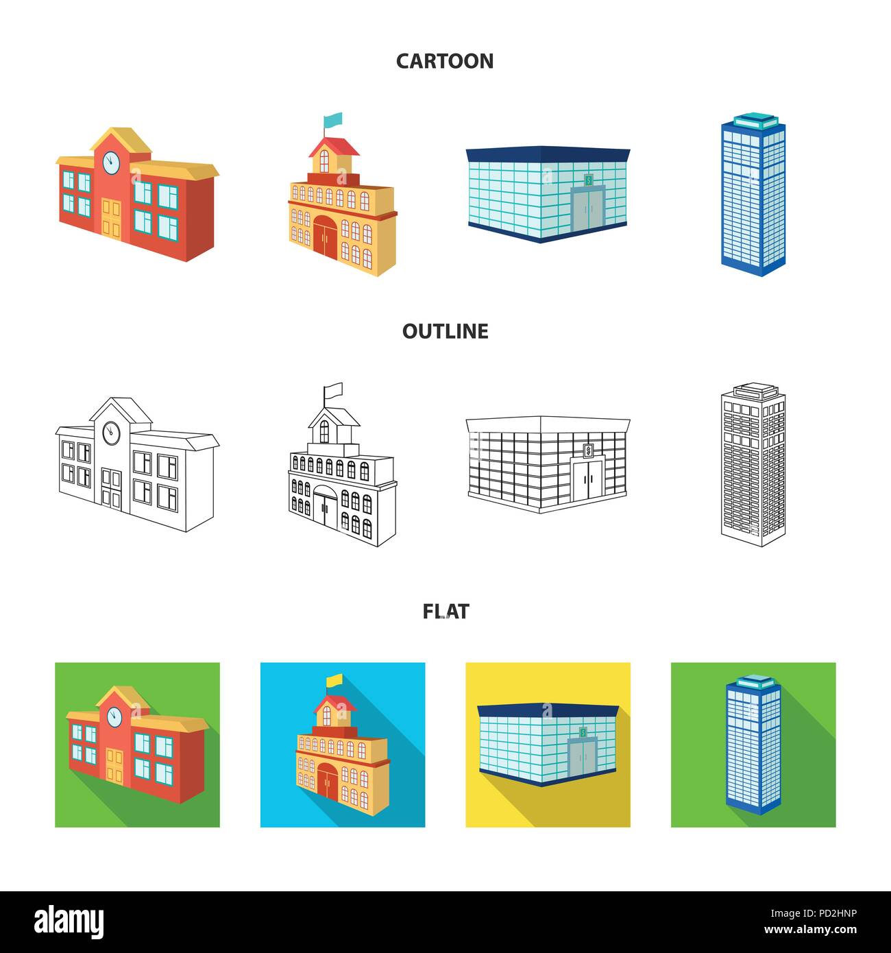 Bank office, Wolkenkratzer, Rathaus Gebäude, Hochschule Gebäude. Architektur und Struktur Sammlung Icons im Cartoon, Outline, flacher Stil Vektor s Stock Vektor