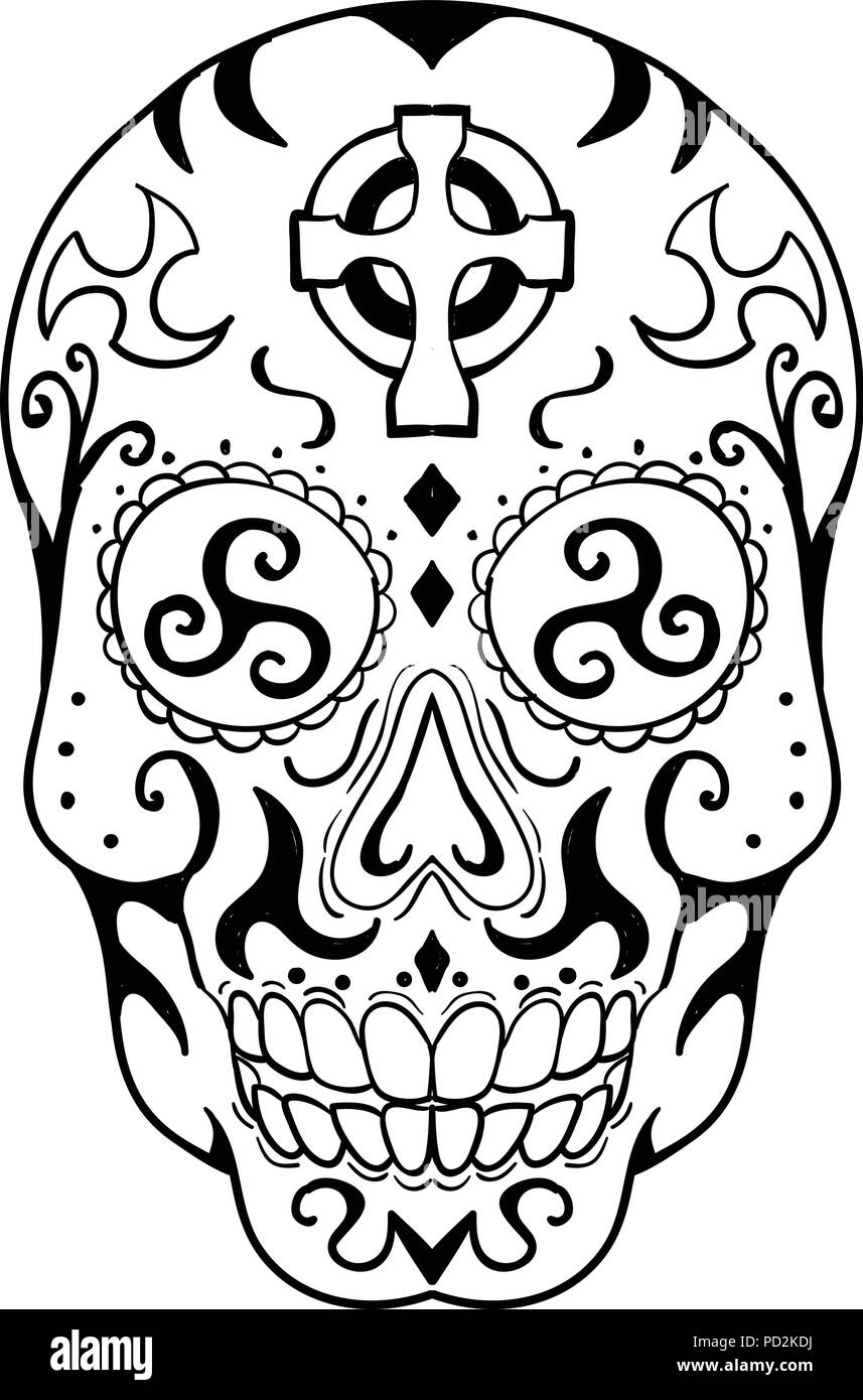 Tattoo Style Abbildung der Mexikanischen Schädel oder CALAVERA, einen menschlichen Schädel mit Dekoration, mit triskelion oder triskele in der Augenhöhle und Keltische Kreuz auf f Stock Vektor