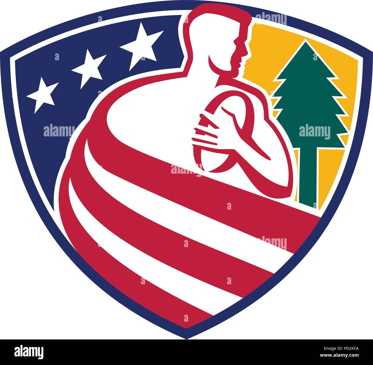 Maskottchen Symbol Abbildung eines amerikanischen Rugby Union Spieler mit Ball und Kiefer drapiert in den USA Sternenbanner Star Spangled Banner Flagge insid eingestellt Stock Vektor
