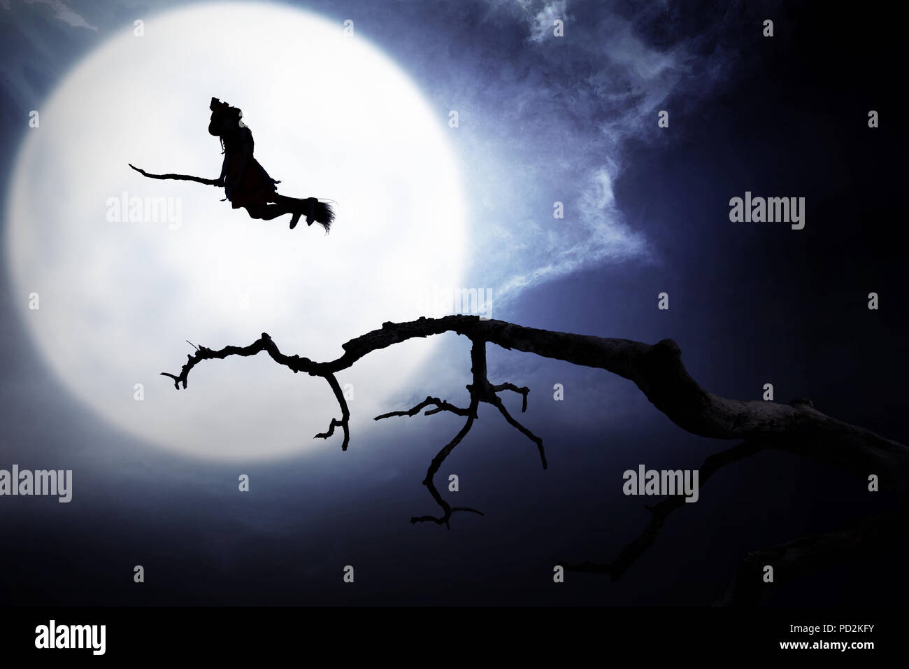 Silhouette von Hexe mit Besen fliegen in der Nacht