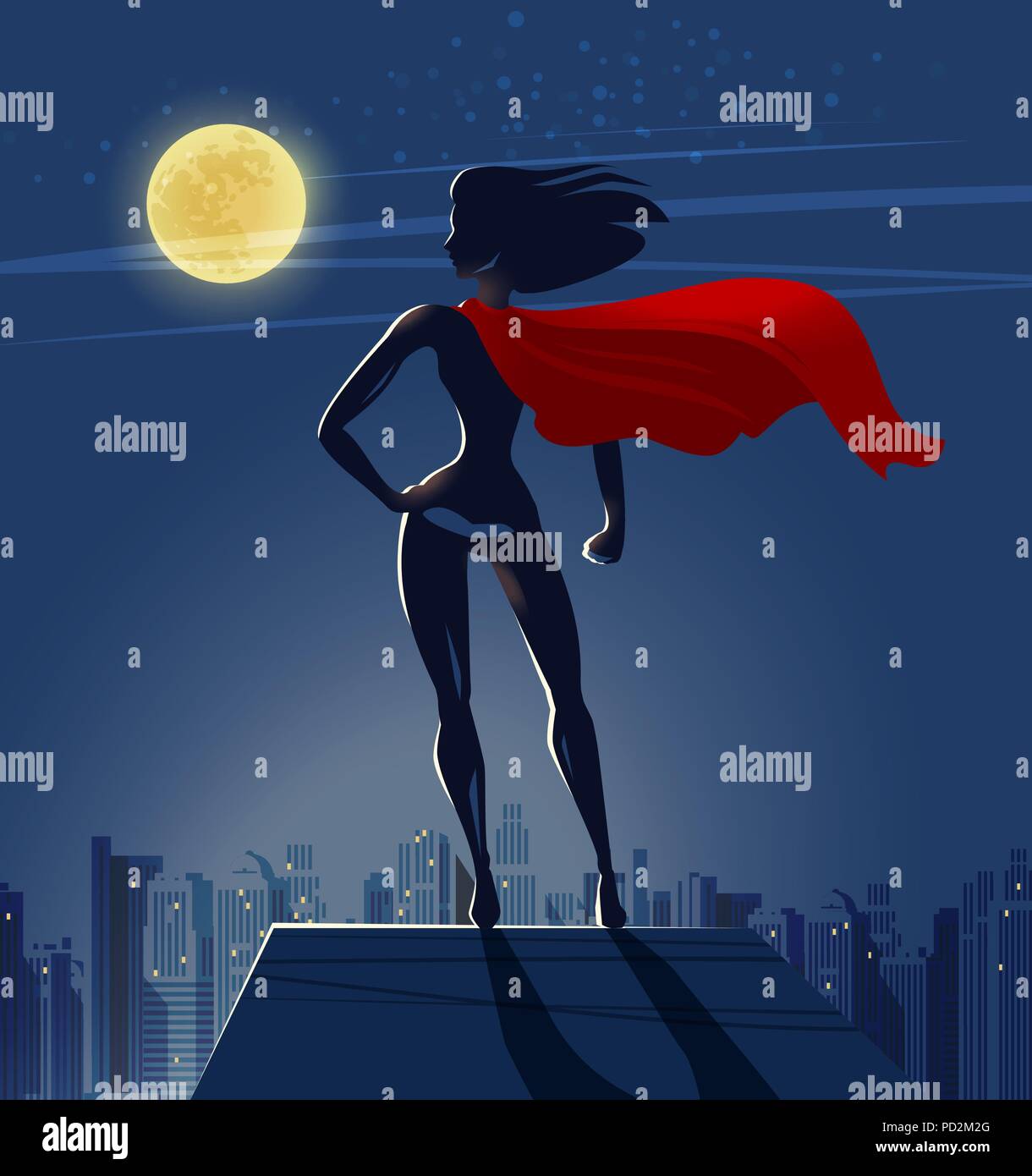 Super Mädchen, Superheld steht auf dem Dach des Wolkenkratzers und schaut in der Nacht die Stadt. Cartoon Vector Illustration Stock Vektor