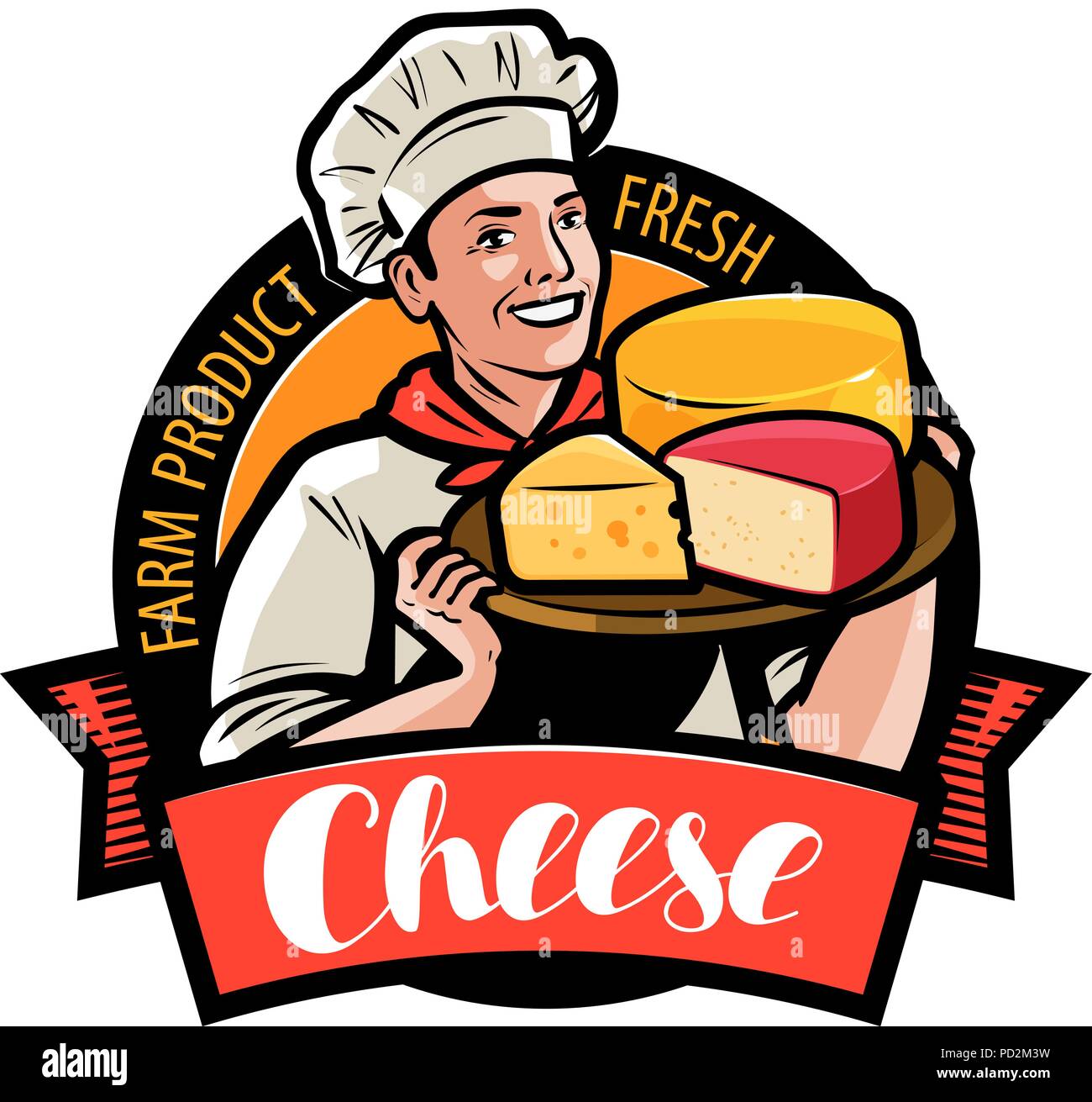 Happy Chef mit Käse in der Hand. Farm food Logo oder Label. Vector Illustration Stock Vektor