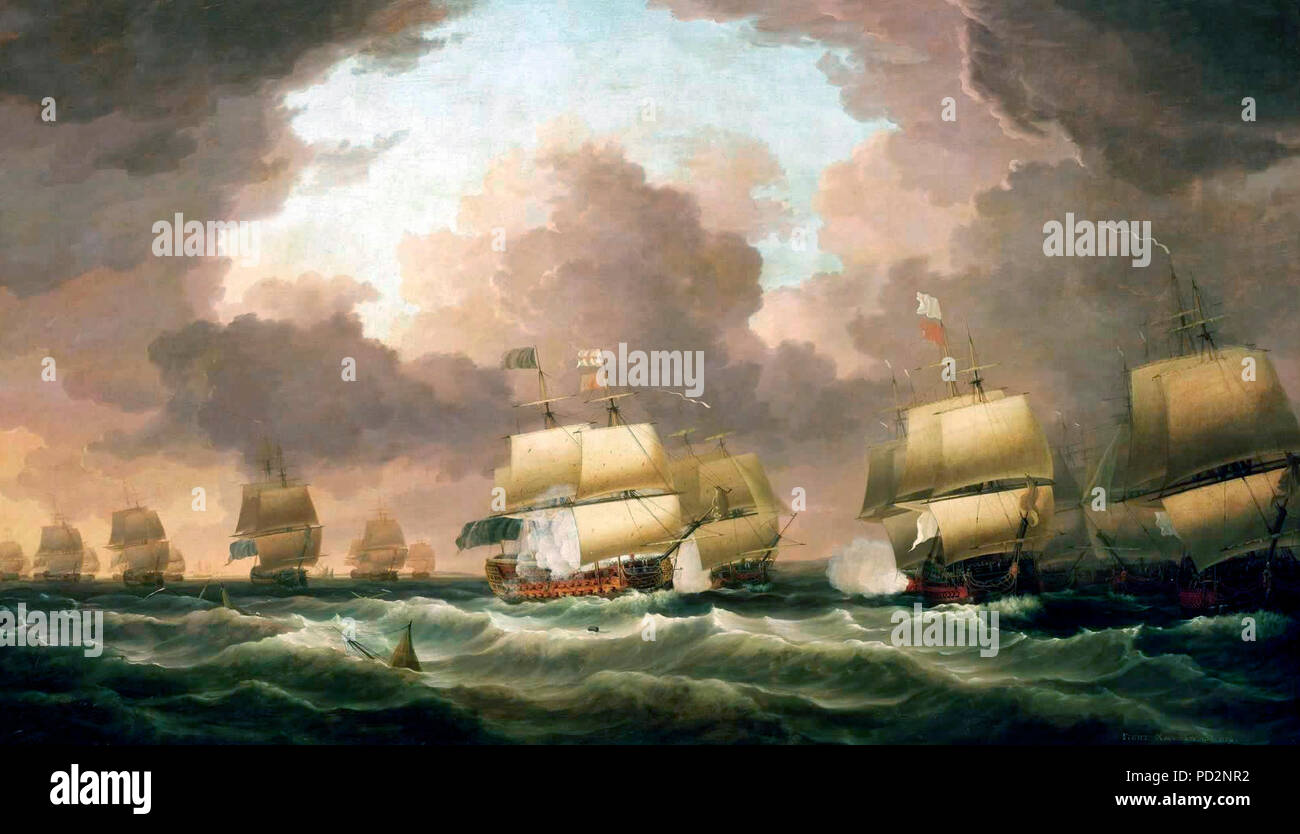 Die Schlacht von Quiberon Bay, 20. November 1759 - Dominic Serres, 1779. Die Schlacht von Quiberon Bay war der entscheidende naval Begegnung während des Siebenjährigen Krieges, 1756-63, ein Konflikt mit den großen europäischen Kolonialmächten und kämpften rund um den Globus. Frankreich hatte im Krieg mit Großbritannien seit 1756, ihre Position in Kanada, Indien und den Westindischen Inseln wurde auf den Punkt des Zusammenbruchs und in Europa sie stellte Patt gegen Preußen, die britische Unterstützung erhalten. Die Schlacht führte zu der Zerstörung der Französischen Brest Flotte und aufgetreten ist, als die Franzosen aus dem 5-Monats Deutsch Block brach Stockfoto