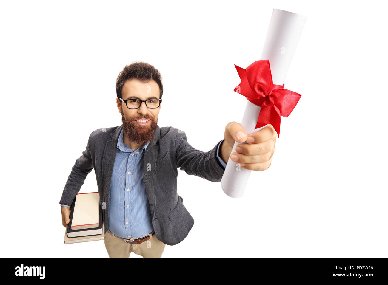 Professor zeigt ein Diplom auf weißem Hintergrund Stockfoto