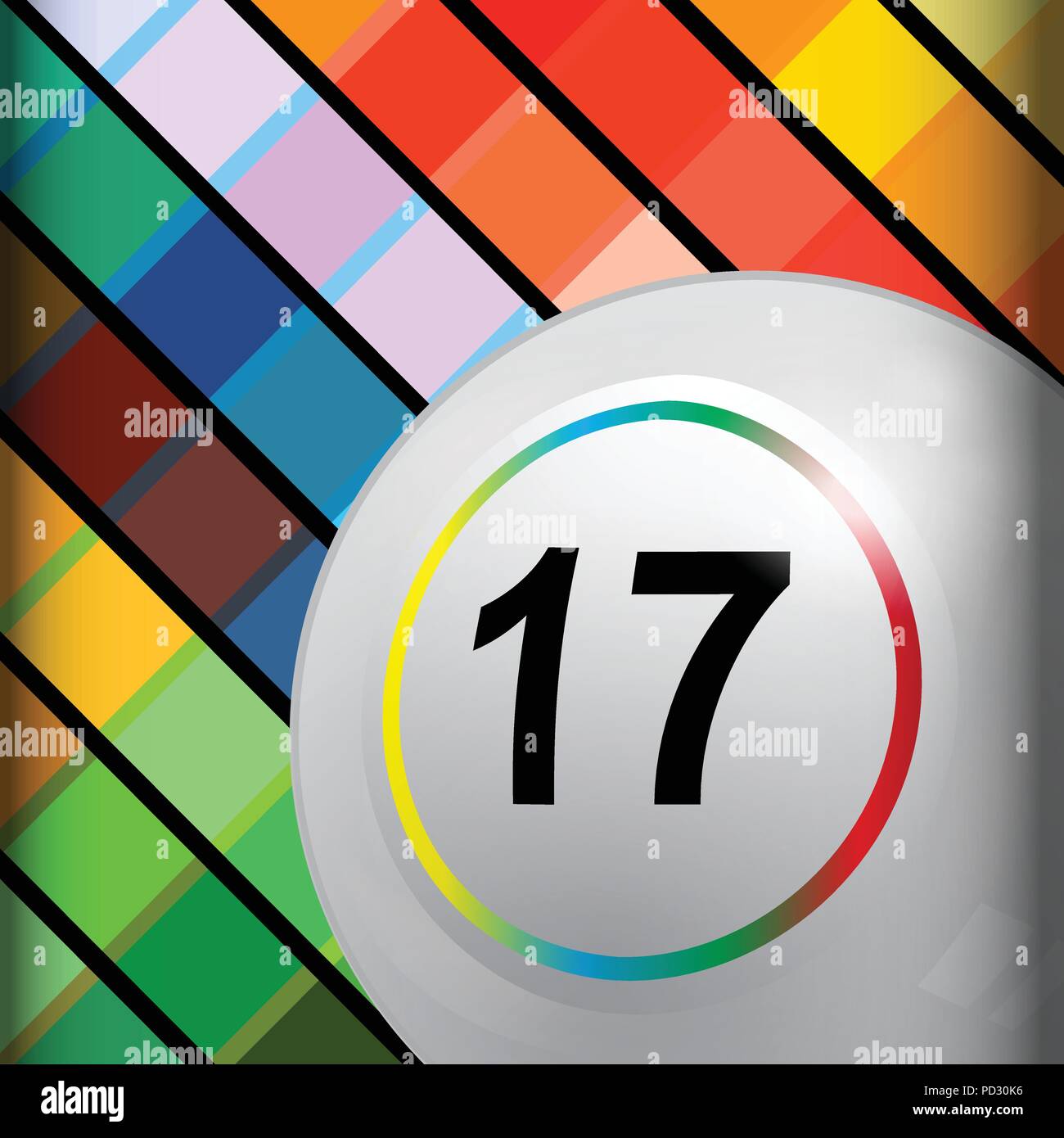 3D-Abbildung: Weiße Bingo Lotto Lotto Ball in einer Ecke in einem mehrfarbigen Hintergrund Stock Vektor