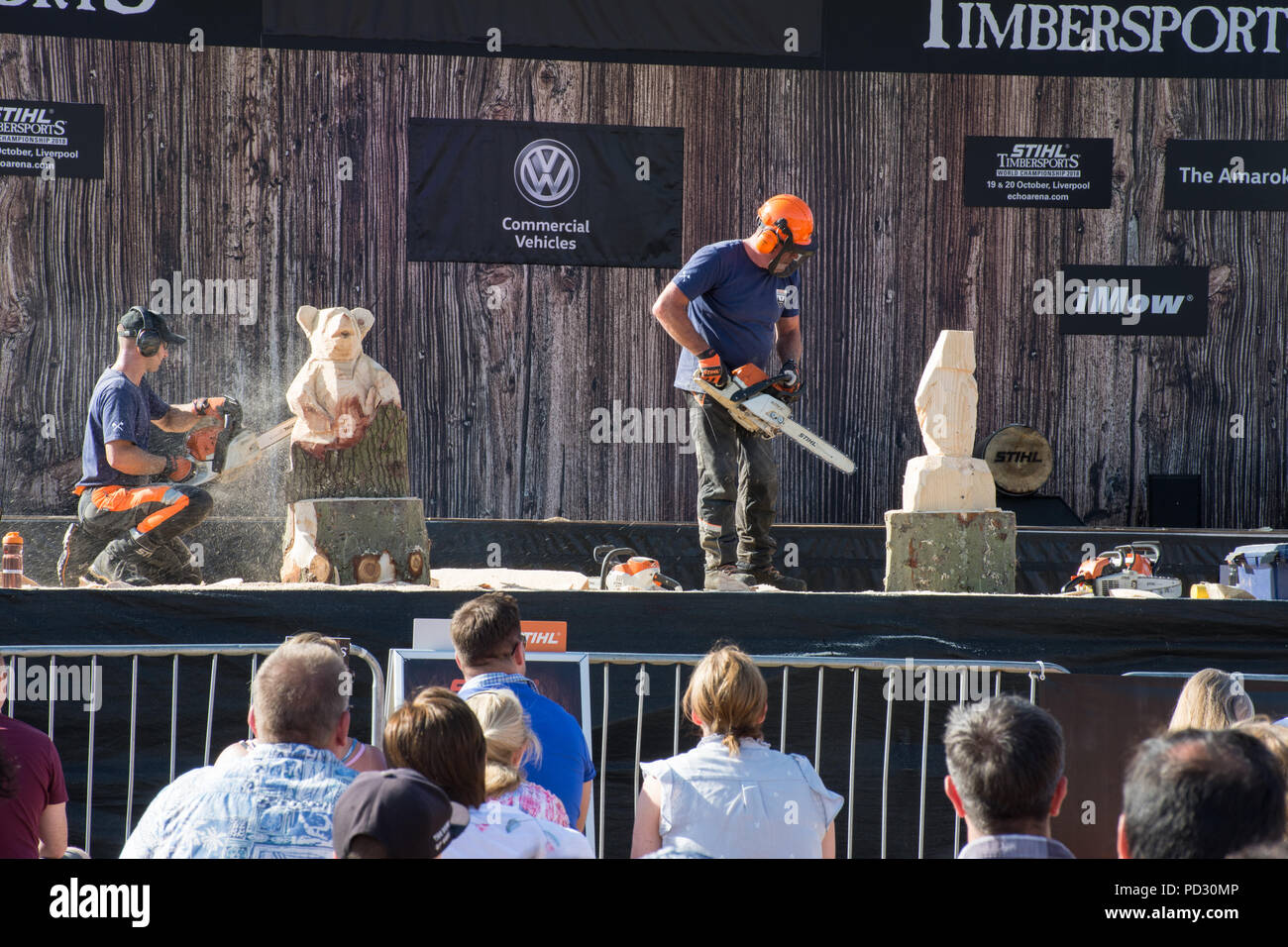Männer, die demonstrierten, wie man Tierskulpturen aus Holzstämmen mithilfe von Kettensägen auf der Countryfile Live 2018-Show, Großbritannien, erstellen kann Stockfoto