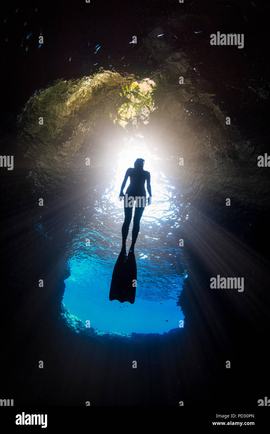 Frau frei Tauchen, Low Angle View, Schwalbe Cave, Vavau, Tonga, Fidschi Stockfoto