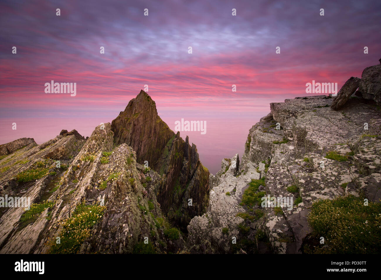 Skellig Michael bei Sonnenuntergang, Portmagee, Kerry, Irland Stockfoto
