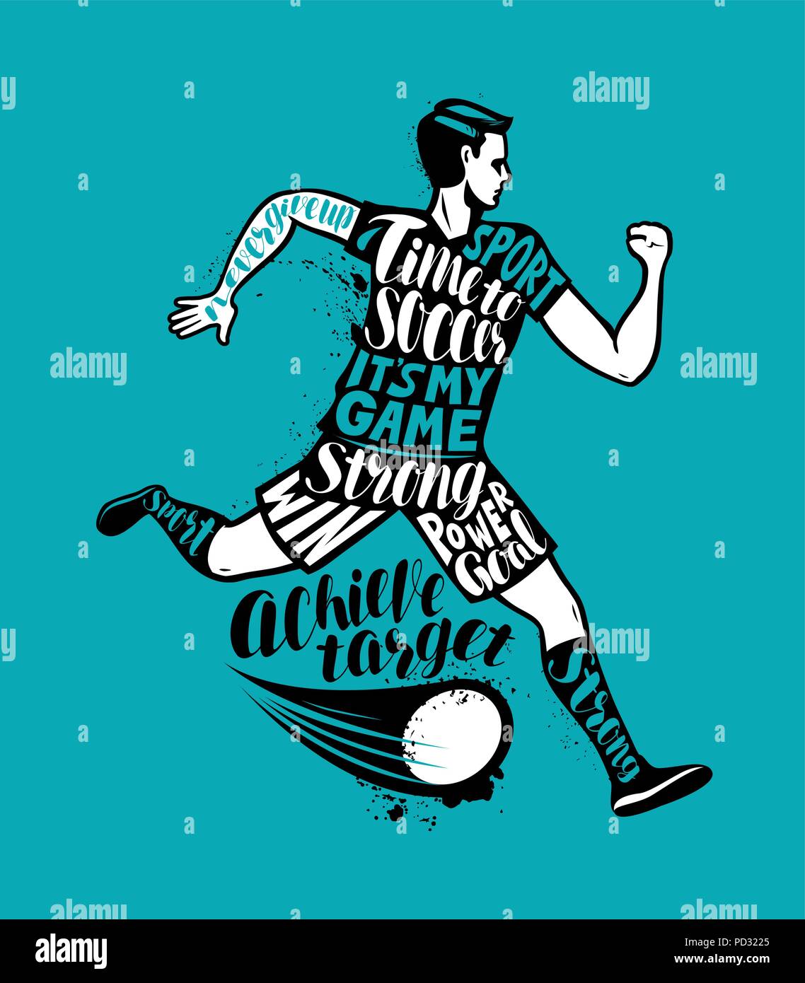 Fußball-Spieler läuft mit dem Ball. Sport Konzept. Typografische Gestaltung, Vector Illustration Stock Vektor