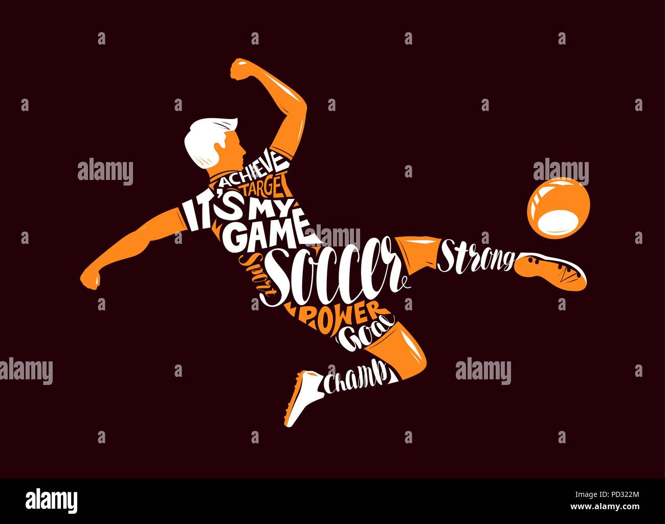Fußball-Spieler ein Tor im Springen. Sport Konzept. Typografische Gestaltung, Vector Illustration Stock Vektor
