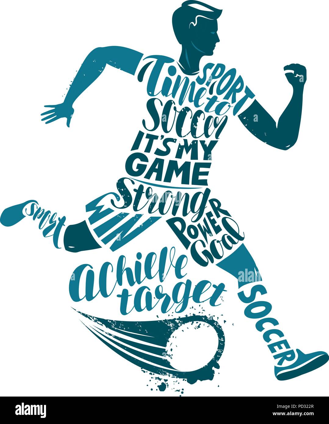 Fußball-Spieler läuft mit dem Ball. Sport Konzept in der grafischen Stil. Typografische Gestaltung, Vector Illustration Stock Vektor