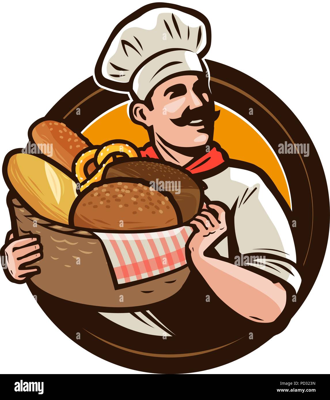 Bäckerei, backhaus Logo oder Label. Bäcker mit einem Weidenkorb von frisch gebackenem Brot. Vector Illustration Stock Vektor