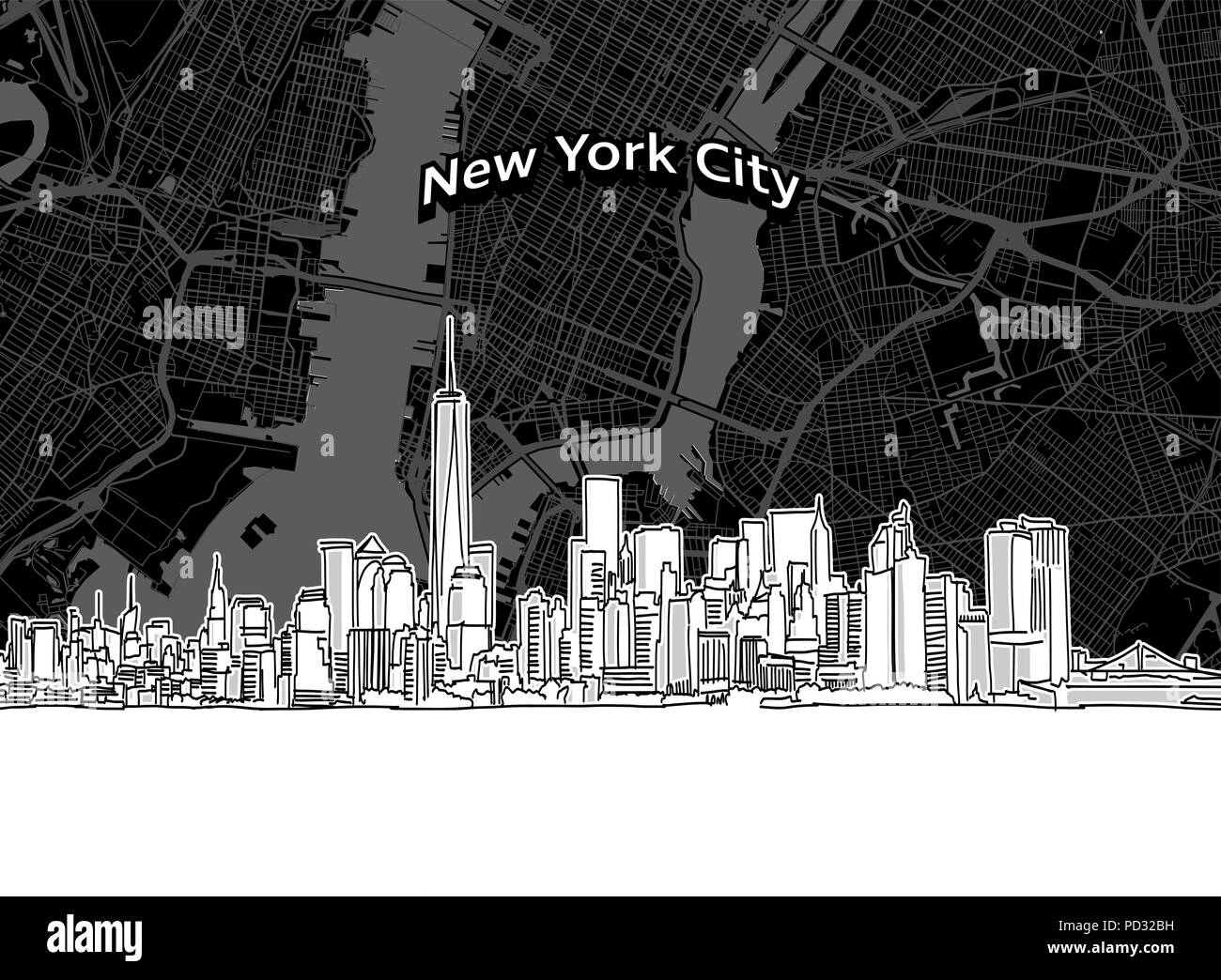 Vektor Zeichnung die Skyline von New York City mit Karte. USA Reise Sehenswürdigkeit. Schwarze und weiße Abdeckung und Hintergrund Konzept. Stock Vektor