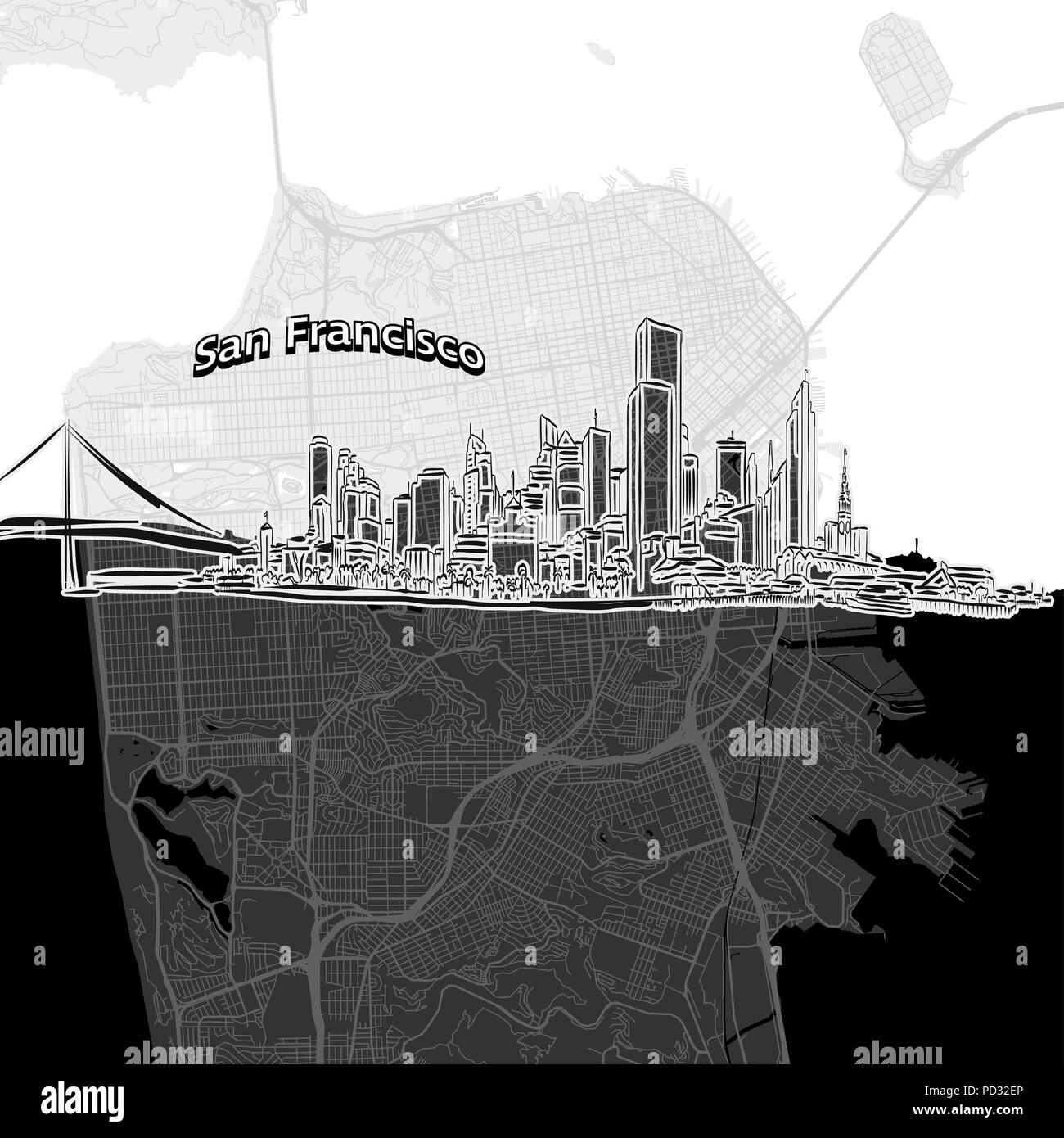 Vektor Zeichnung von San Francisco Skyline mit Karte. USA Reise Sehenswürdigkeit. Schwarze und weiße Abdeckung und Hintergrund Konzept. Stock Vektor