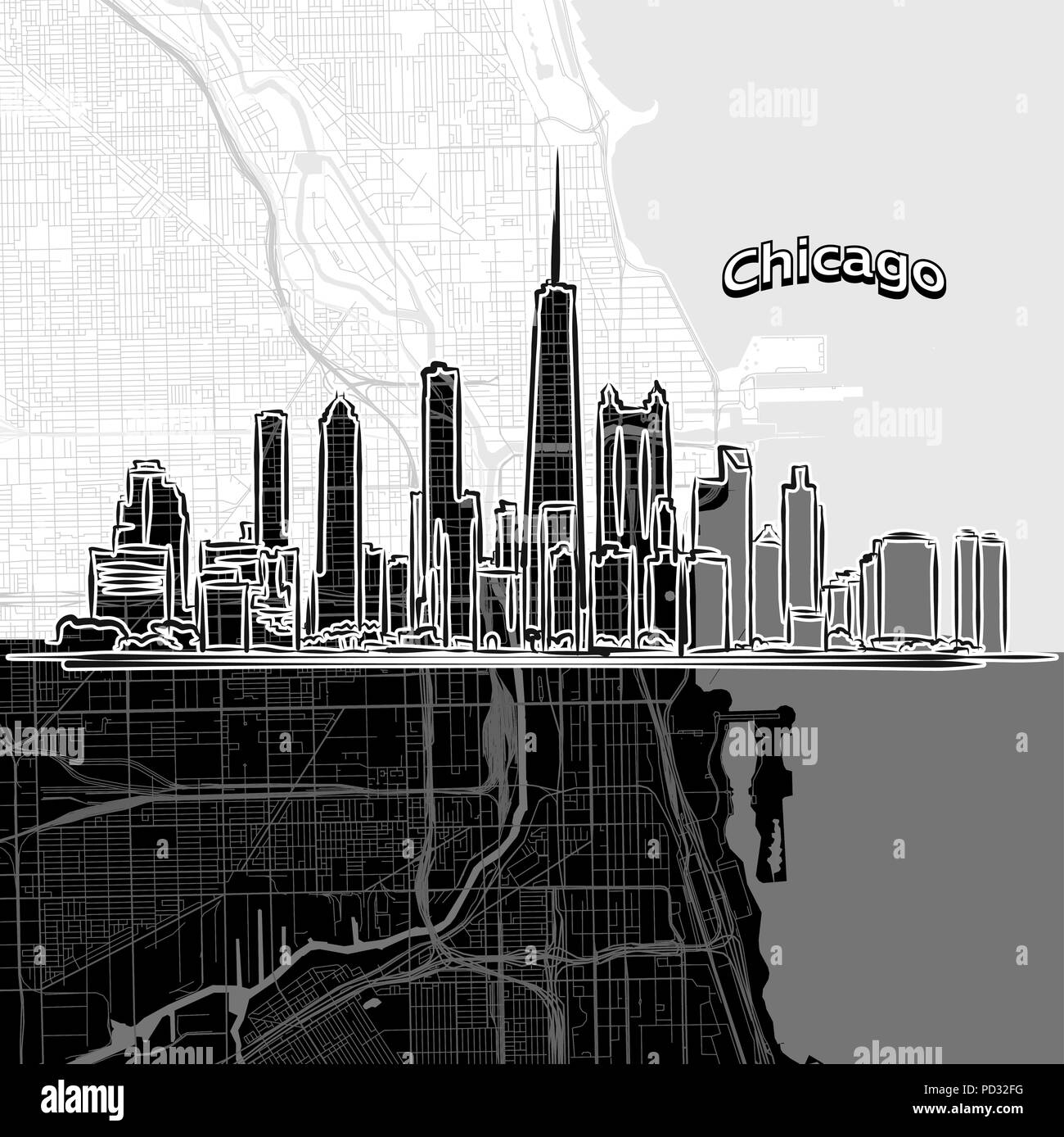 Vektor Zeichnung der Skyline von Chicago mit Karte. USA Reise Sehenswürdigkeit. Schwarze und weiße Abdeckung und Hintergrund Konzept. Stock Vektor