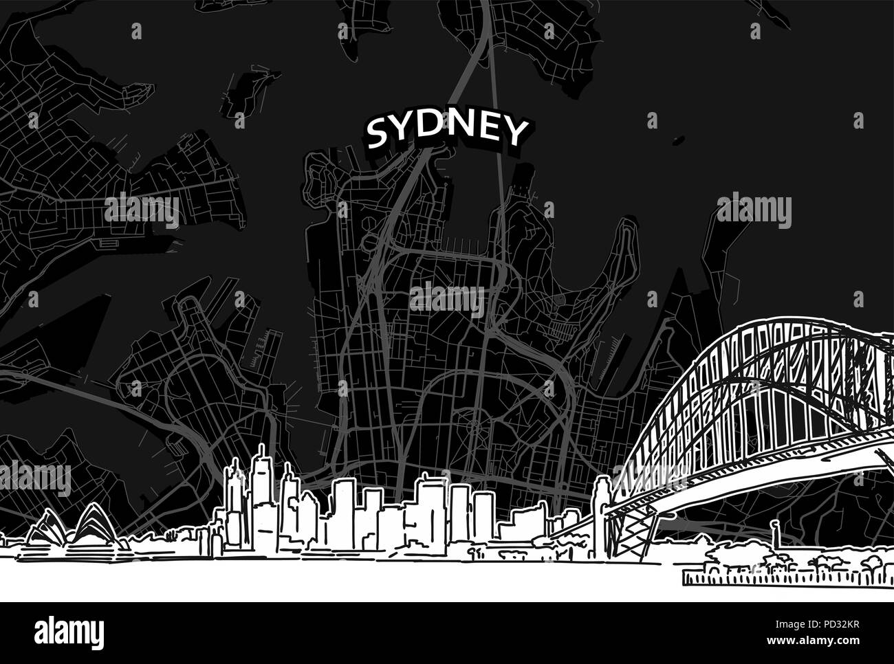 Vektor Zeichnung von Sydney Skyline mit Karte. Australien reisen Sehenswürdigkeit. Schwarze und weiße Abdeckung und Hintergrund Konzept. Stock Vektor