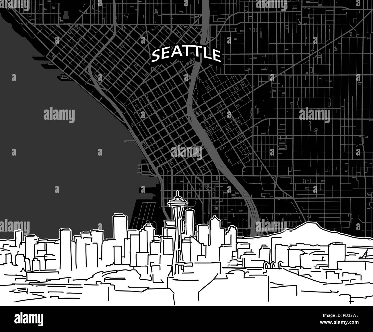 Hand gezeichnete Skizze von Seattle essen. Vektor Zeichnung der Skyline mit Karte, USA. Schwarz-weiß illustration Konzept. Stock Vektor