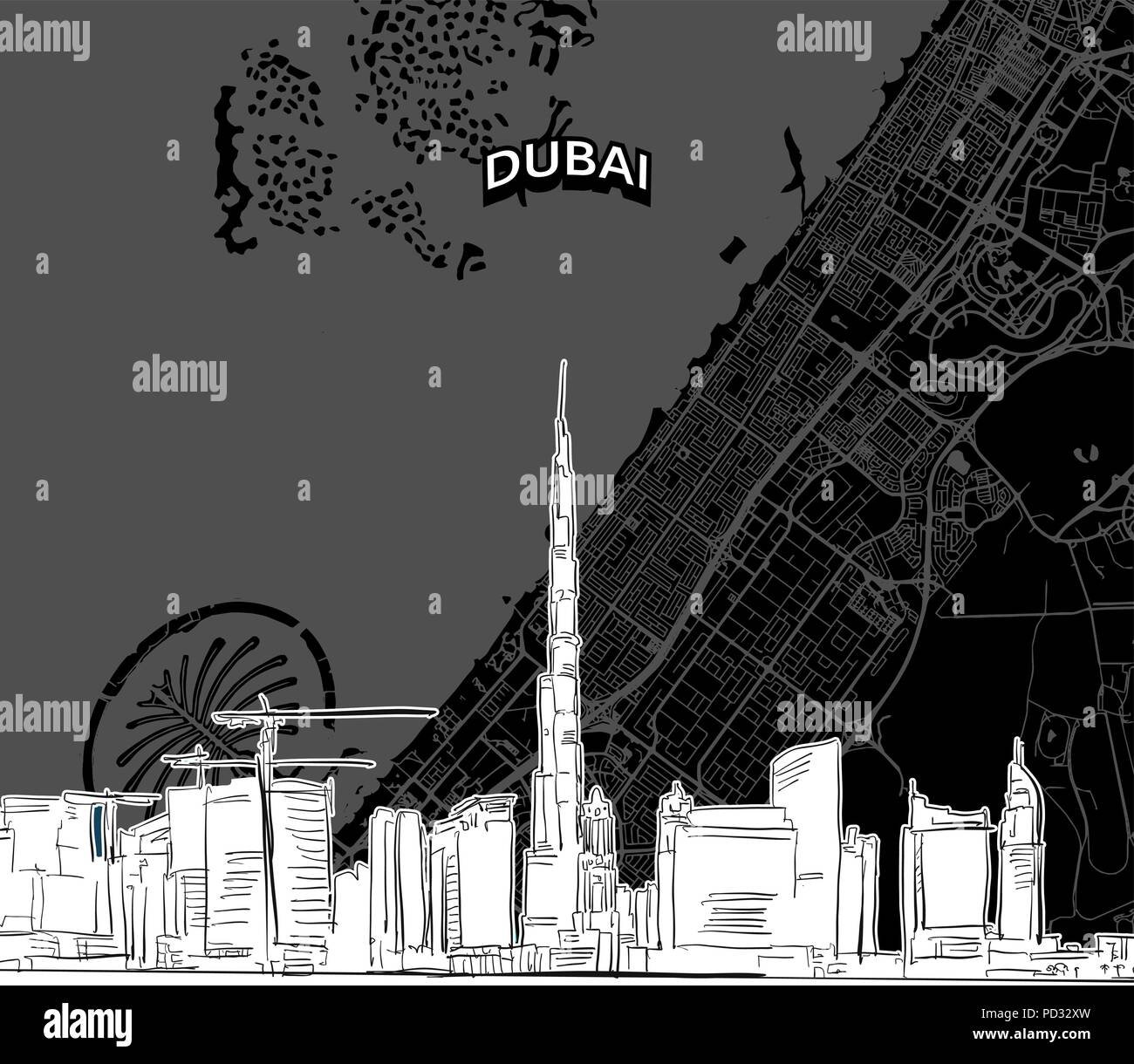 Hand Gezeichnete Skizze Von Dubai Essen Vektor Zeichnung Der Skyline Mit Karte Vereinigte Arabische Emitates Schwarz Weiss Illustration Konzept Stock Vektorgrafik Alamy