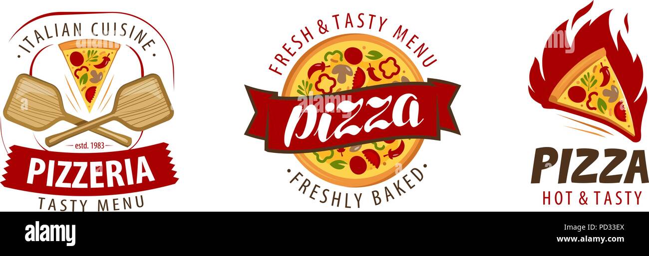 Pizza Logo oder Label. Pizzeria, essen Konzept Vektor Stock Vektor