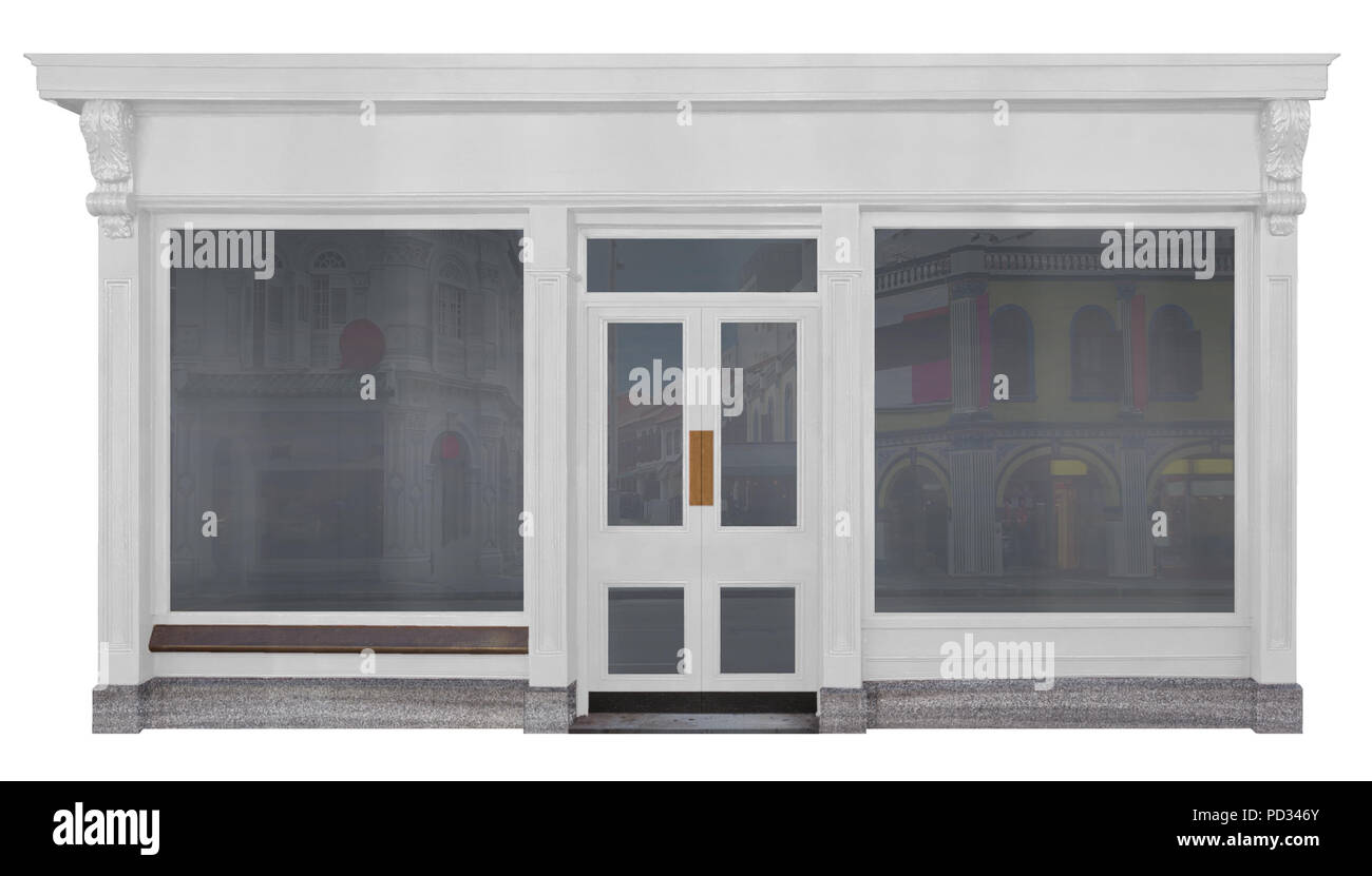 Store mit weiß lackierten Front holz auf weißem Hintergrund Stockfoto