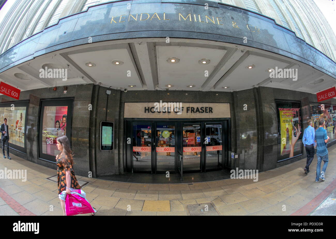 Manchester, Großbritannien. 6. August 2018. Manchester, Greater Manchester. Die House of Fraser Kaufhaus Deansgate, Manchester. Früher als Kendal oder Kemdal Milne, die Os in einem Art déco-Gebäude bekannt. Finanzielle Unsicherheit Gesichter der Jouse von Fraser Gruppe, mit vielen Geschäften vor Schließung. Credit: Phil Taylor/Alamy leben Nachrichten Stockfoto