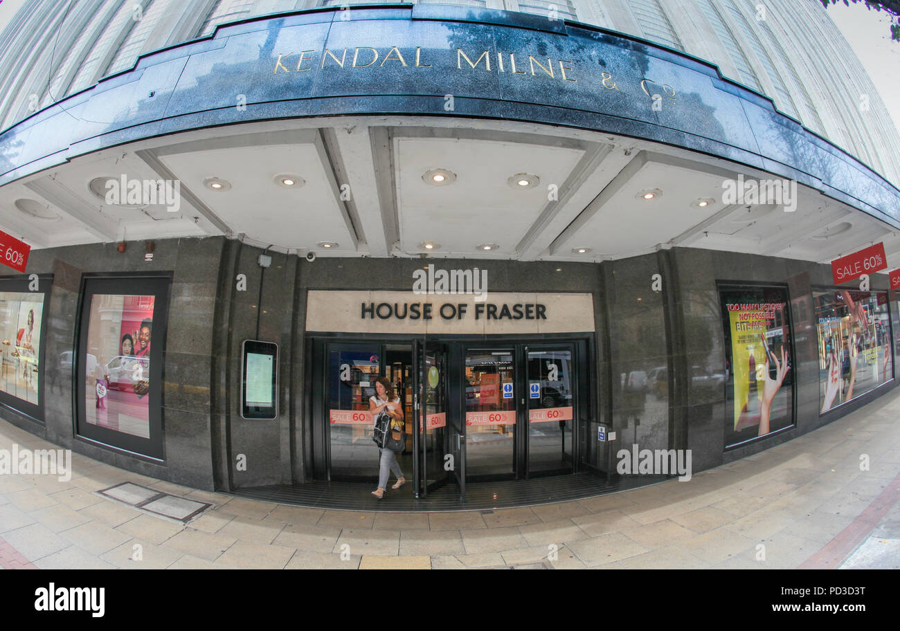 Manchester, Großbritannien. 6. August 2018. Manchester, Greater Manchester. Die House of Fraser Kaufhaus Deansgate, Manchester. Früher als Kendal oder Kemdal Milne, die Os in einem Art déco-Gebäude bekannt. Finanzielle Unsicherheit Gesichter der Jouse von Fraser Gruppe, mit vielen Geschäften vor Schließung. Credit: Phil Taylor/Alamy leben Nachrichten Stockfoto