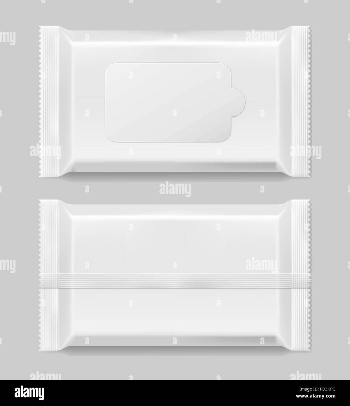 Feuchttücher Servietten Vorlage vorne und vack Ansicht isoliert. Weiß Feuchttücher leeres Paket. Vector Illustration Stock Vektor