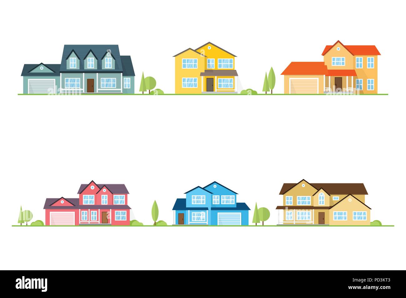 Nachbarschaft mit Wohnungen illustriert auf Weiß. Vektor flachbild Symbol suburban amerikanische Häuser. Für web design und Application Interface, auch für inf nützlich Stock Vektor